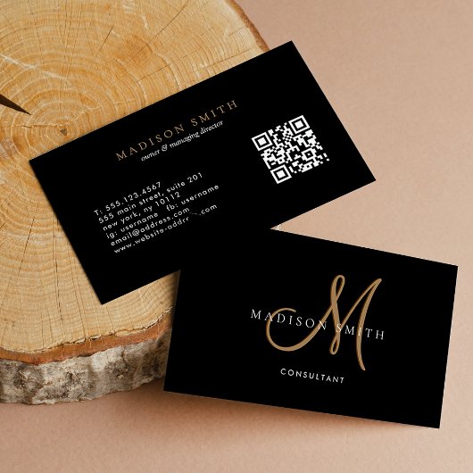 Elegante Fancy zwart gouden script Monogram QR-cod Visitekaartje