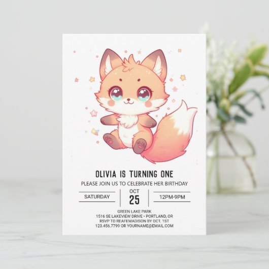 Elegante Fantasy Fox 1e verjaardag Kaart (Staand voorkant)