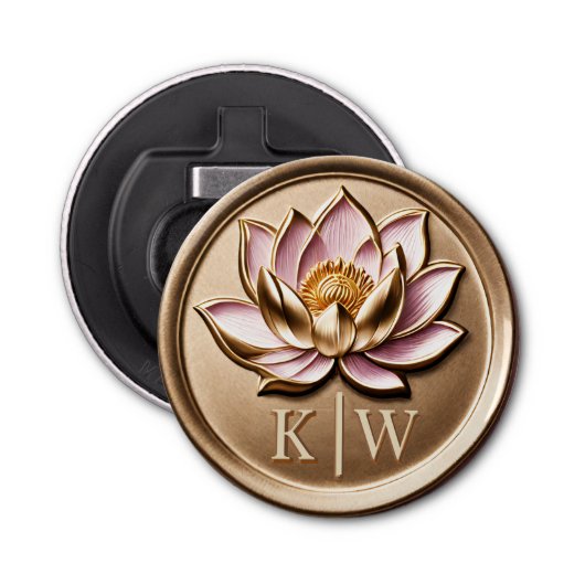 Elegante Faux 3D verguld roze Lotus Gold Monogram Button Flesopener (Voorkant)