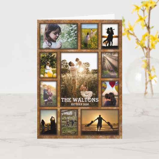 Elegante Faux BronzeFrame Family Fotocollage Kaart (Gele Bloem)