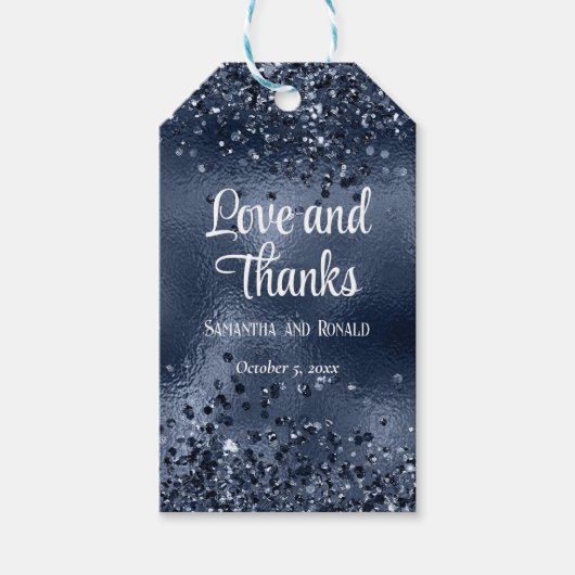 Elegante Faux Donkerblauwe glitter en Folie bruilo Cadeaulabel (Voorkant)