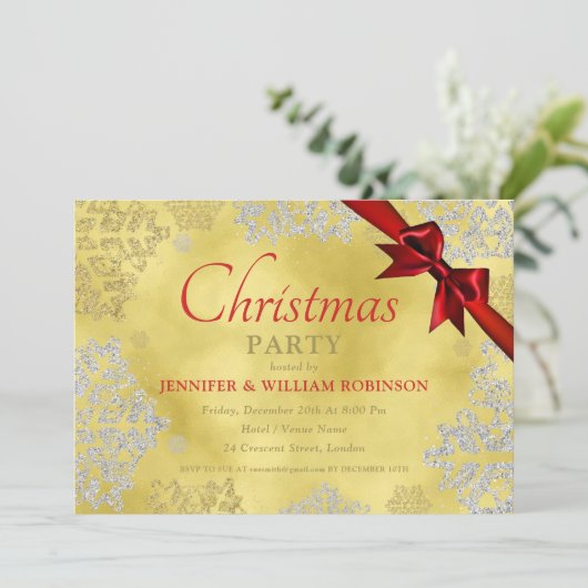 Elegante FAUX Folie Snowflakes Xmas Holiday Ribbon Kaart (Staand voorkant)