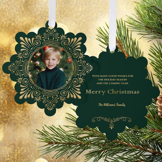 Elegante  Faux Gehamerd Goud Foto-Groen Ornament Kaart