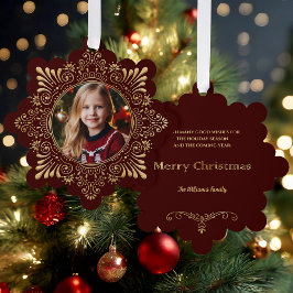 Elegante  Faux Gehamerd Goud Foto-Rood Ornament Kaart