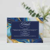 Elegante Faux Gold, Blauw en Wit Marmered Wedding Informatiekaartje (Staand voorkant)