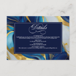 Elegante Faux Gold, Blauw en Wit Marmered Wedding Informatiekaartje