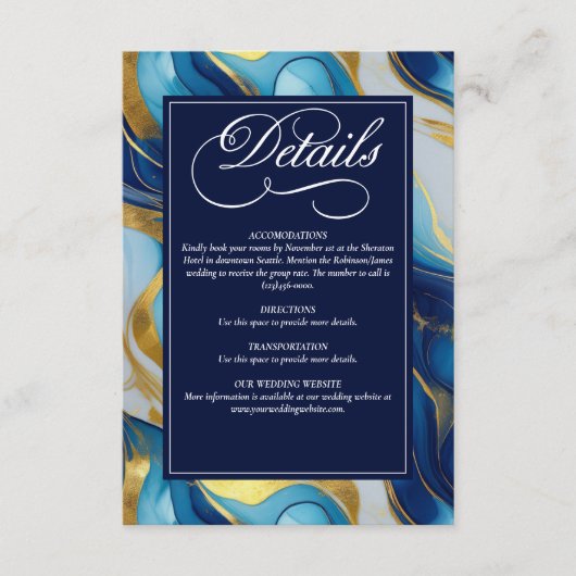 Elegante Faux Gold, Blauw en Wit Marmered Wedding Informatiekaartje (Voorkant)