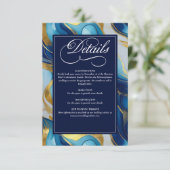 Elegante Faux Gold, Blauw en Wit Marmered Wedding Informatiekaartje (Staand voorkant)