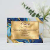 Elegante Faux Gold, Blauw en Wit Marmered Wedding Informatiekaartje (Staand voorkant)