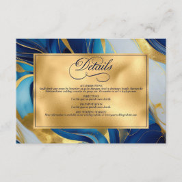 Elegante Faux Gold, Blauw en Wit Marmered Wedding Informatiekaartje