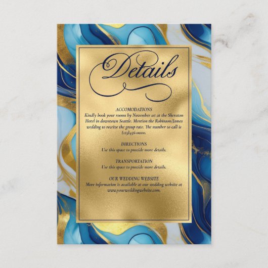 Elegante Faux Gold, Blauw en Wit Marmered Wedding Informatiekaartje (Voorkant)