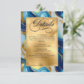 Elegante Faux Gold, Blauw en Wit Marmered Wedding Informatiekaartje (Staand voorkant)