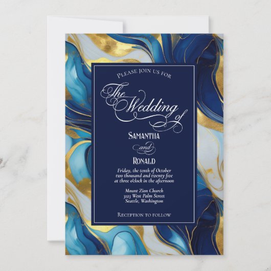 Elegante Faux Gold, Blauw en Wit Marmered Wedding Kaart (Voorkant)