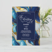 Elegante Faux Gold, Blauw en Wit Marmered Wedding Kaart (Staand voorkant)