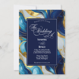 Elegante Faux Gold, Blauw en Wit Marmered Wedding Kaart