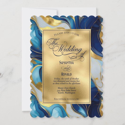 Elegante Faux Gold, Blauw en Wit Marmered Wedding Kaart (Voorkant)