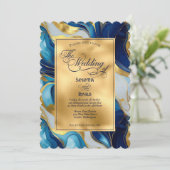 Elegante Faux Gold, Blauw en Wit Marmered Wedding Kaart (Staand voorkant)