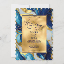 Elegante Faux Gold, Blauw en Wit Marmered Wedding Kaart