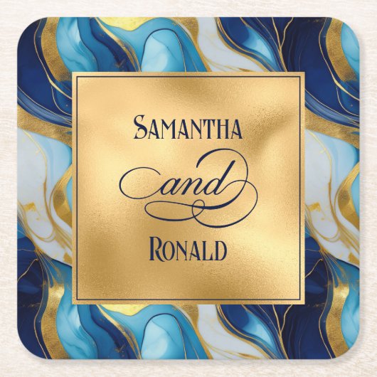 Elegante Faux Gold, Blauw en Wit Marmered Wedding Kartonnen Onderzetters (Voorkant)