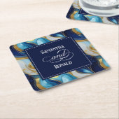 Elegante Faux Gold, Blauw en Wit Marmered Wedding Kartonnen Onderzetters (Schuin)