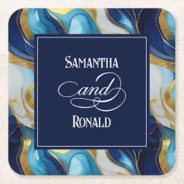 Elegante Faux Gold, Blauw en Wit Marmered Wedding Kartonnen Onderzetters