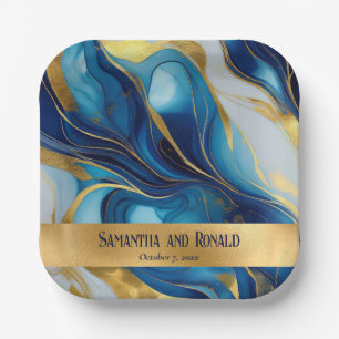 Elegante Faux Gold, Blauw en Wit Marmered Wedding Papieren Bordje