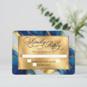 Elegante Faux Gold, Blauw en Wit Marmered Wedding RSVP Kaartje (Staand voorkant)