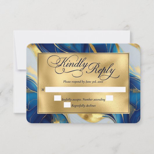 Elegante Faux Gold, Blauw en Wit Marmered Wedding RSVP Kaartje (Voorkant)