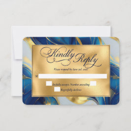 Elegante Faux Gold, Blauw en Wit Marmered Wedding RSVP Kaartje