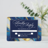 Elegante Faux Gold, Blauw en Wit Marmered Wedding RSVP Kaartje (Staand voorkant)