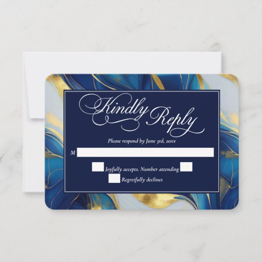 Elegante Faux Gold, Blauw en Wit Marmered Wedding RSVP Kaartje (Voorkant)
