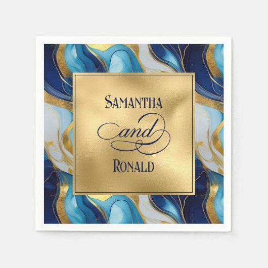 Elegante Faux Gold, Blauw en Wit Marmered Wedding Servet (Voorkant)