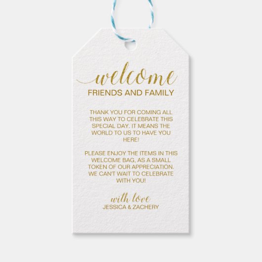 Elegante Faux Gold Bruiloft Welkom Gift Basket Bag Cadeaulabel (Voorkant)