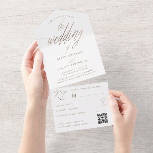 Elegante Faux Gold Calligrafie De bruiloft van All In One Uitnodiging (Afscheurbaar)