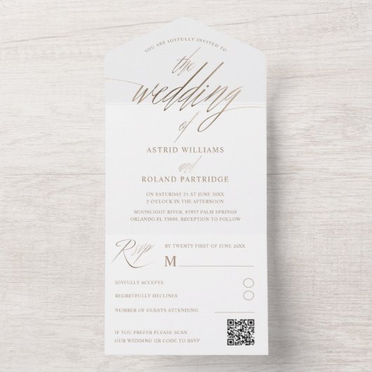 Elegante Faux Gold Calligrafie De bruiloft van All In One Uitnodiging (Binnen)