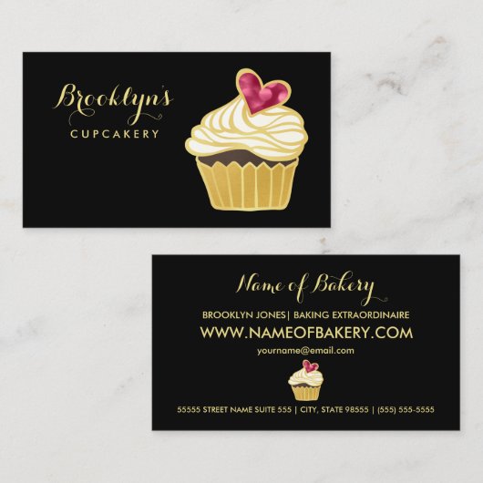 Elegante FAUX Gold Cupcakery en Pink Bokeh Heart Visitekaartje (Voorkant / Achterkant)