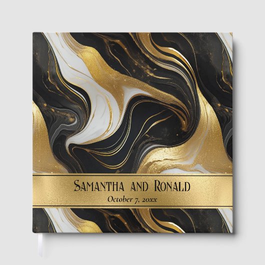 Elegante Faux Gold en Black Marbled Wedding Gastenboek (Voorkant)