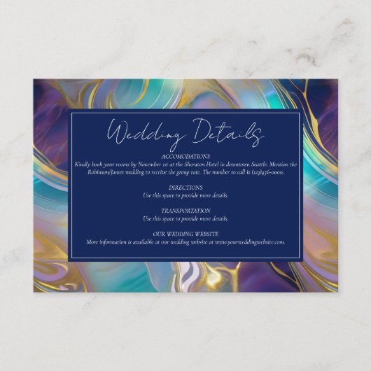 Elegante Faux Gold en Blauwe Opal Stone Wedding Informatiekaartje (Voorkant)