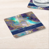 Elegante Faux Gold en Blauwe Opal Stone Wedding Kartonnen Onderzetters (Schuin)