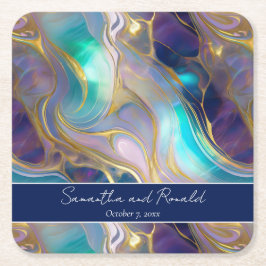 Elegante Faux Gold en Blauwe Opal Stone Wedding Kartonnen Onderzetters