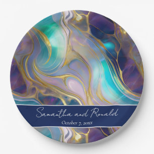 Elegante Faux Gold en Blauwe Opal Stone Wedding Papieren Bordje