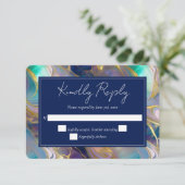 Elegante Faux Gold en Blauwe Opal Stone Wedding RSVP Kaartje (Staand voorkant)