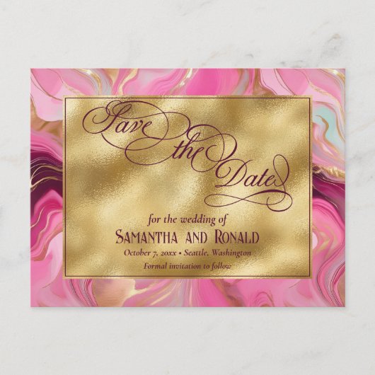 Elegante Faux Gold en Pink Marbled Wedding Aankondigingskaart (Voorkant)