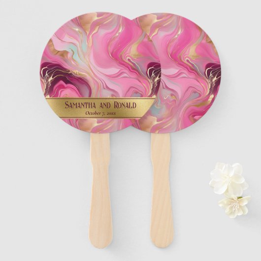 Elegante Faux Gold en Pink Marbled Wedding Handwaaier (Voorkant en achterkant)