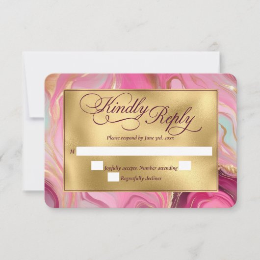Elegante Faux Gold en Pink Marbled Wedding RSVP Kaartje (Voorkant)