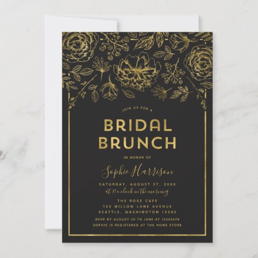 Elegante Faux Gold Floral Bridal Brunch Uitnodigin Kaart (Voorkant)