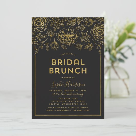 Elegante Faux Gold Floral Bridal Brunch Uitnodigin Kaart (Staand voorkant)