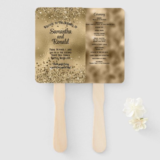 Elegante Faux Gold Glitter en Folie Trouwprogramma Handwaaier (Voorkant en achterkant)