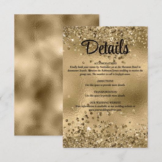 Elegante Faux Gold Glitter en Folie Wedding Detail Informatiekaartje (Voorkant / Achterkant)