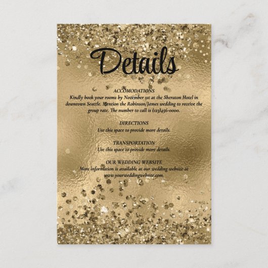 Elegante Faux Gold Glitter en Folie Wedding Detail Informatiekaartje (Voorkant)